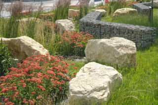 An image of the swales at Aire Park, stones planting, boulders and stone walls are carefully placed to help prevent flooding