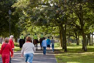 A photo of fans walking on a path through Stanley Park, four police and their horses lead the way