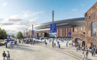 CGI image showing the proposed fan plaza with the new Everton stadium in the distance.