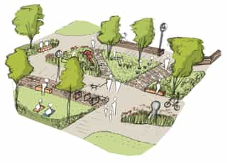 A hand sketched axonometric sketch of a small area in the new Central Park, Liverpool Waters