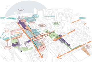 Sketched axonometric of Manchester City Centre, with colourful annotations of proposed work
