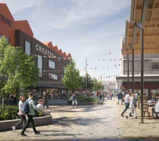 CGI image of Wythenshawe Town Centre, showing people walking around the proposed shopping centre buildings and new landscape elements that include; seating, trees mosaic flooring, catenary decoration and mast lighting.