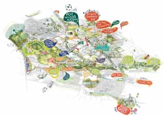 Hand drawn axonometric sketch of east Manchester, highlighting potential future uses and projects that Planit are currently working on.