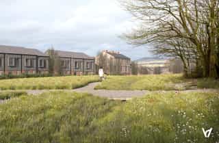 CGI visual of a new proposed neighbourhood in Godley Green. Low-rise housing sits alongside luscious lawned gardens.