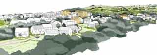 Sketch axonometric section of a typical neighbourhood layout in the proposed Godley Green.