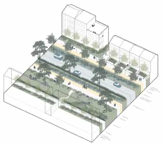 Sketch axonometric section of a typical neighbourhood layout in the proposed Godley Green.