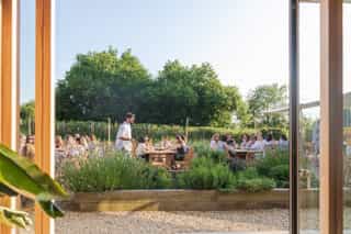 Photo showing people sat in a garden on benches, surrounded by planting beds and trees. In the distance the garden is bordered with hedges and catenary lighting.