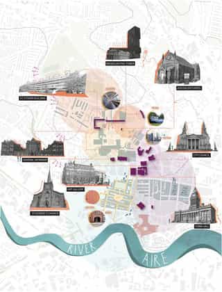 A diagram visuallly showing the different historic buildings within the Leeds area.