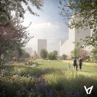 CGI image showing a central park, surrounded by mid-rise apartment buildings. The park is lawned, surrounded by trees and has people walking through it aswell as people sat by a play area.