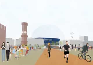 Vector graphic image showing the historic Liverpool Waters clock tower, the new Everton stadium and cartoon people enjoying the space.