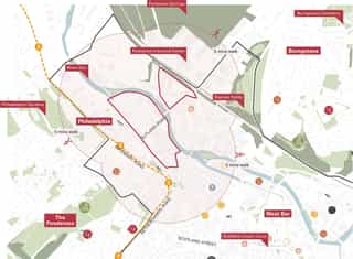 an aerial plan of Sheffield showing the walking distance, and nearby transport, schools, shops and other facilities
