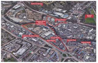 A birds eye view google earth image of Sheffield with markings and text highlighting the different areas and buildings