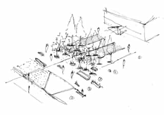 Hand sketched axonometric of a small area of the new Central Park in Liverpool Waters. Including trees and seating and showing the relationship with water.