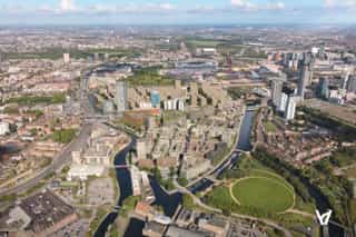 A birds eye view photo overlooking the area of Sugar House Island