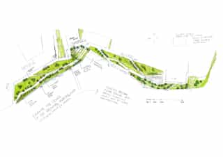 A hand drawn sketch plans for the landscaping at Sugar House Island
