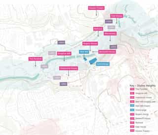 Diagramatic plan of Stockport showing taller buildings located within the river valley low points